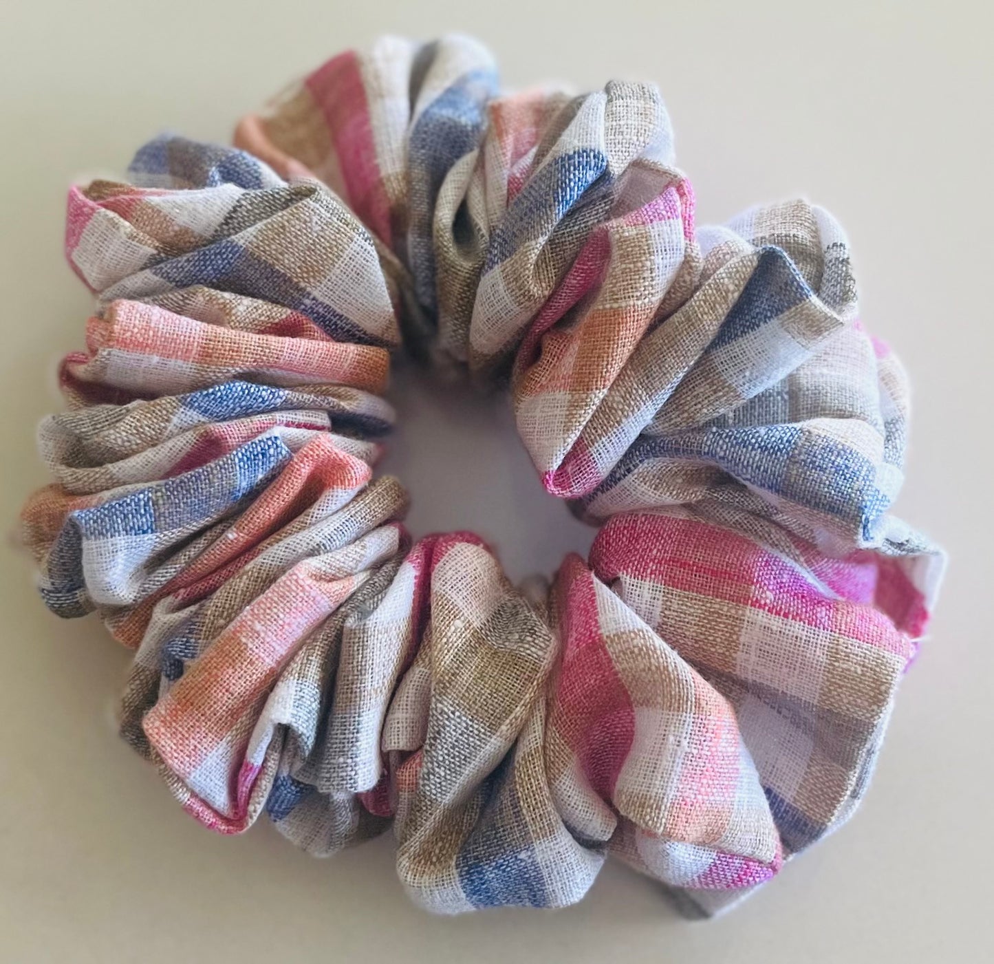 Bright Plaid Linen Scrunchie