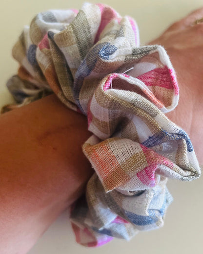 Bright Plaid Linen Scrunchie