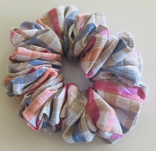 Bright Plaid Linen Scrunchie