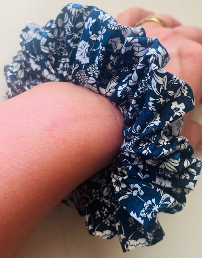 Ink Blue Vintage Flowers Scrunchie