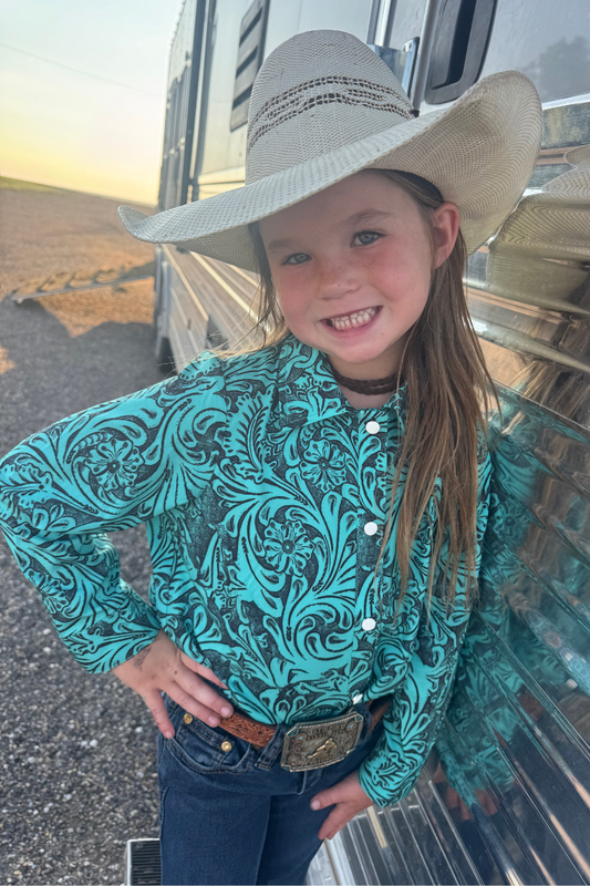 Tooled In Turquoise Pearl Snap Kids